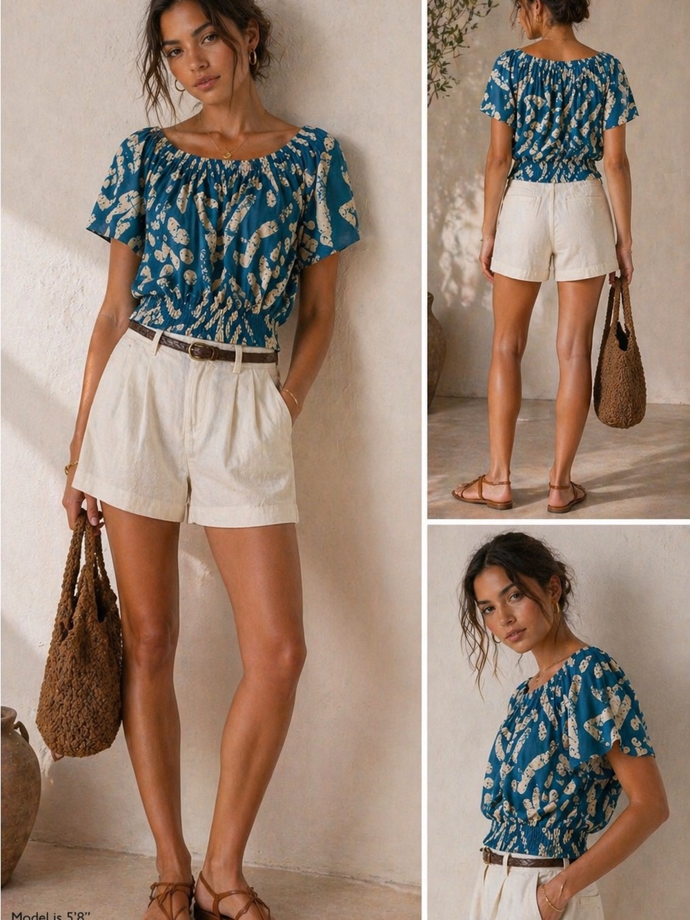 Haute Hippie Linen Blend Off Shoulder  Peasant Top XL Blue White Smocked Boho